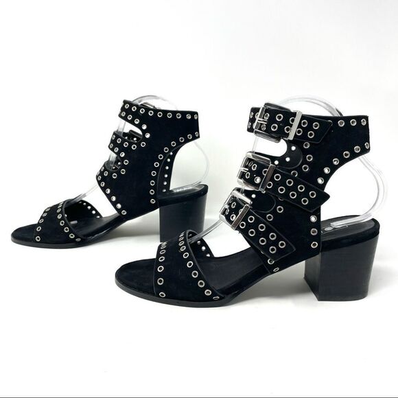 SOL Sana Black Sweet Pea Black Studded Suede Block Heeled Sandals Size 39 - Picture 7 of 11